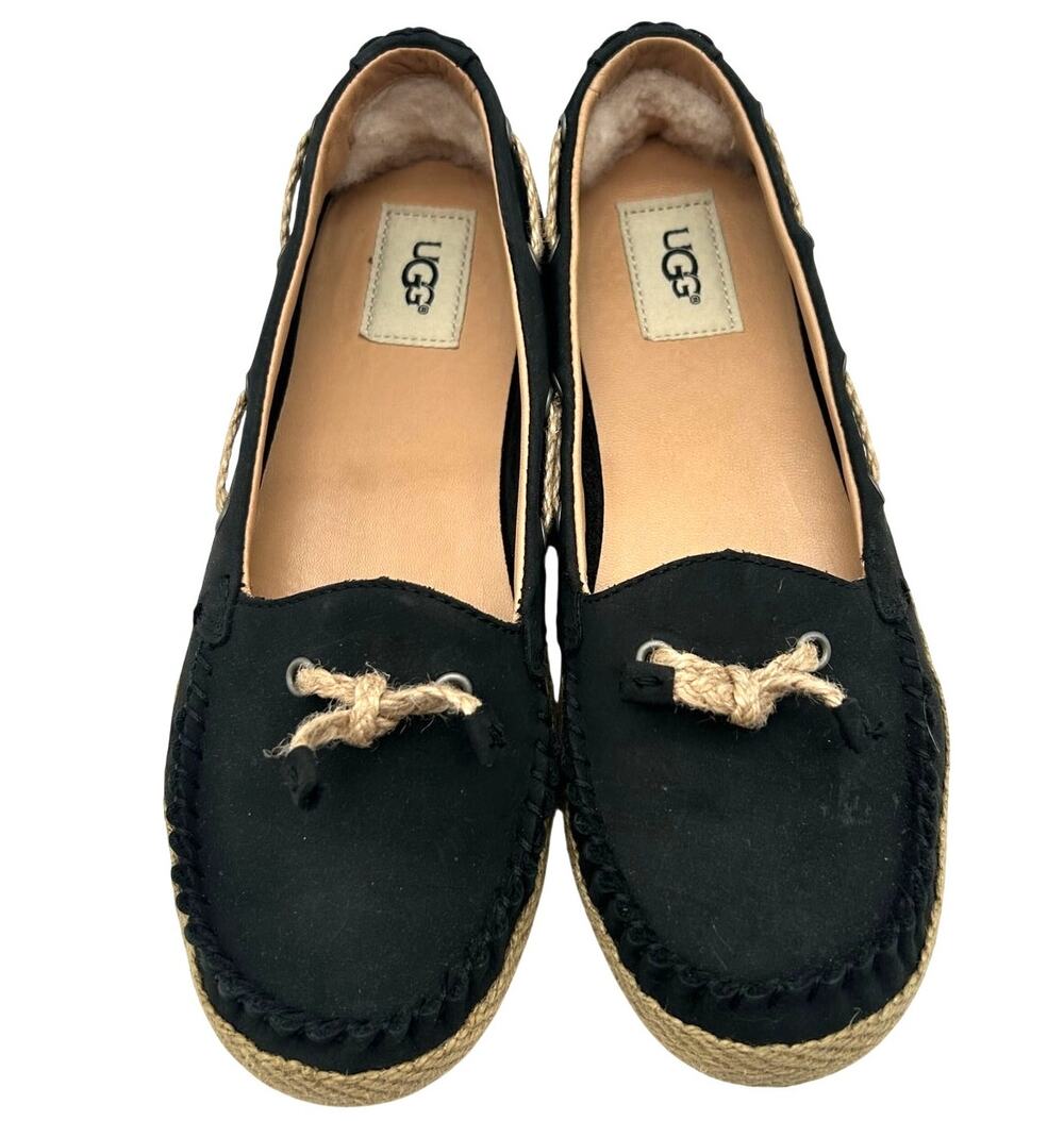 UGG Chivon Black Leather Moccasin Espadrille Flats Size 8 EU 39 Coastal Summer